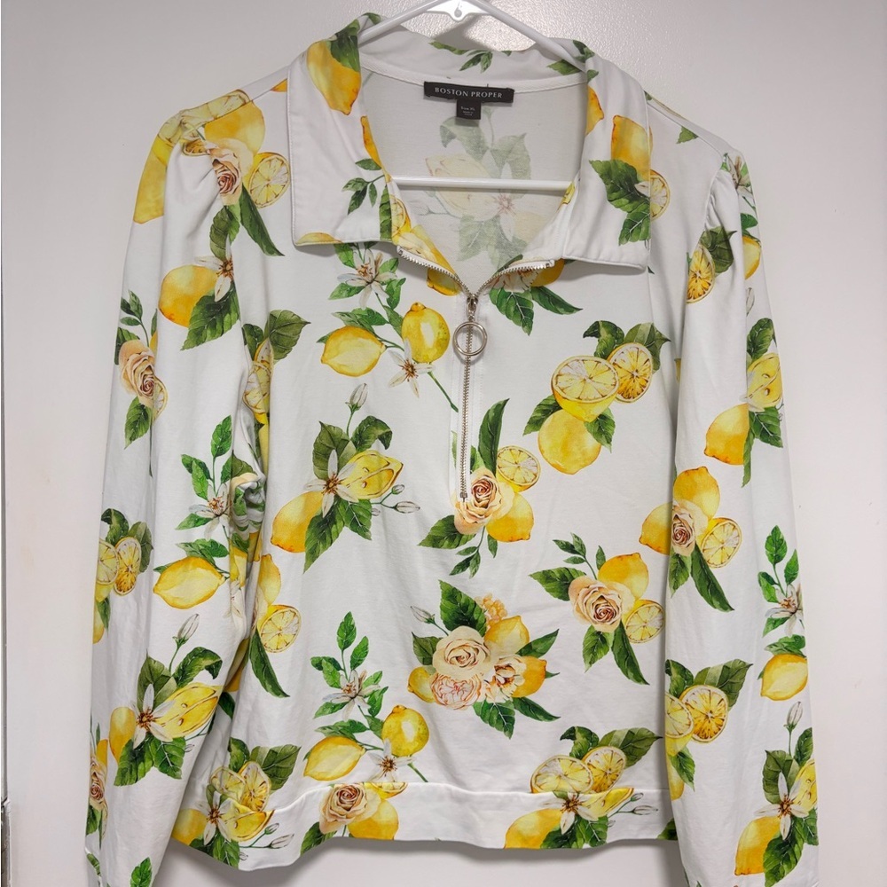 Boston Proper White Lemon-Print Half-Zip Sweatshirt
